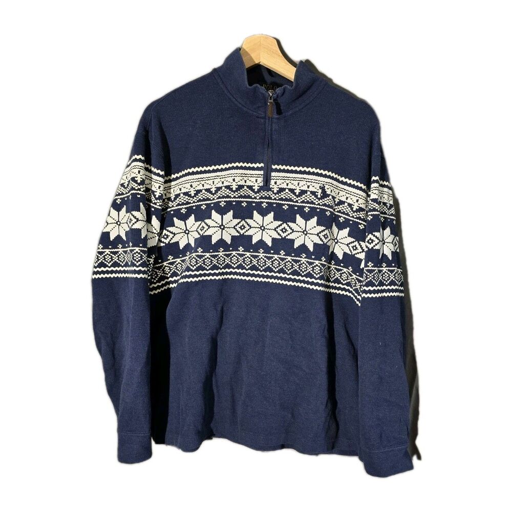 Polo Ralph Lauren Vintage Style Fair Isle Snowflake Quarter Zip Pullover XL flaw